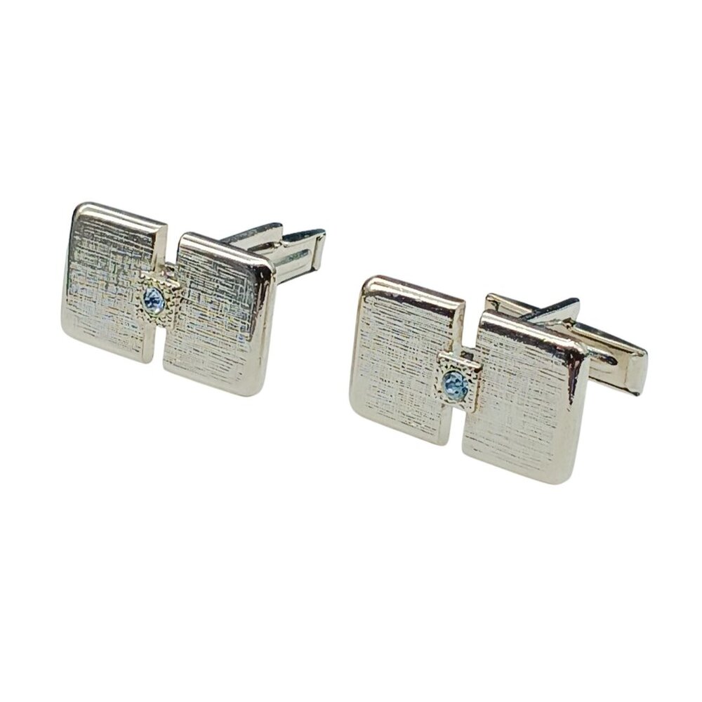 Vintage Silver Tone Cufflinks with Blue Crystal Accent